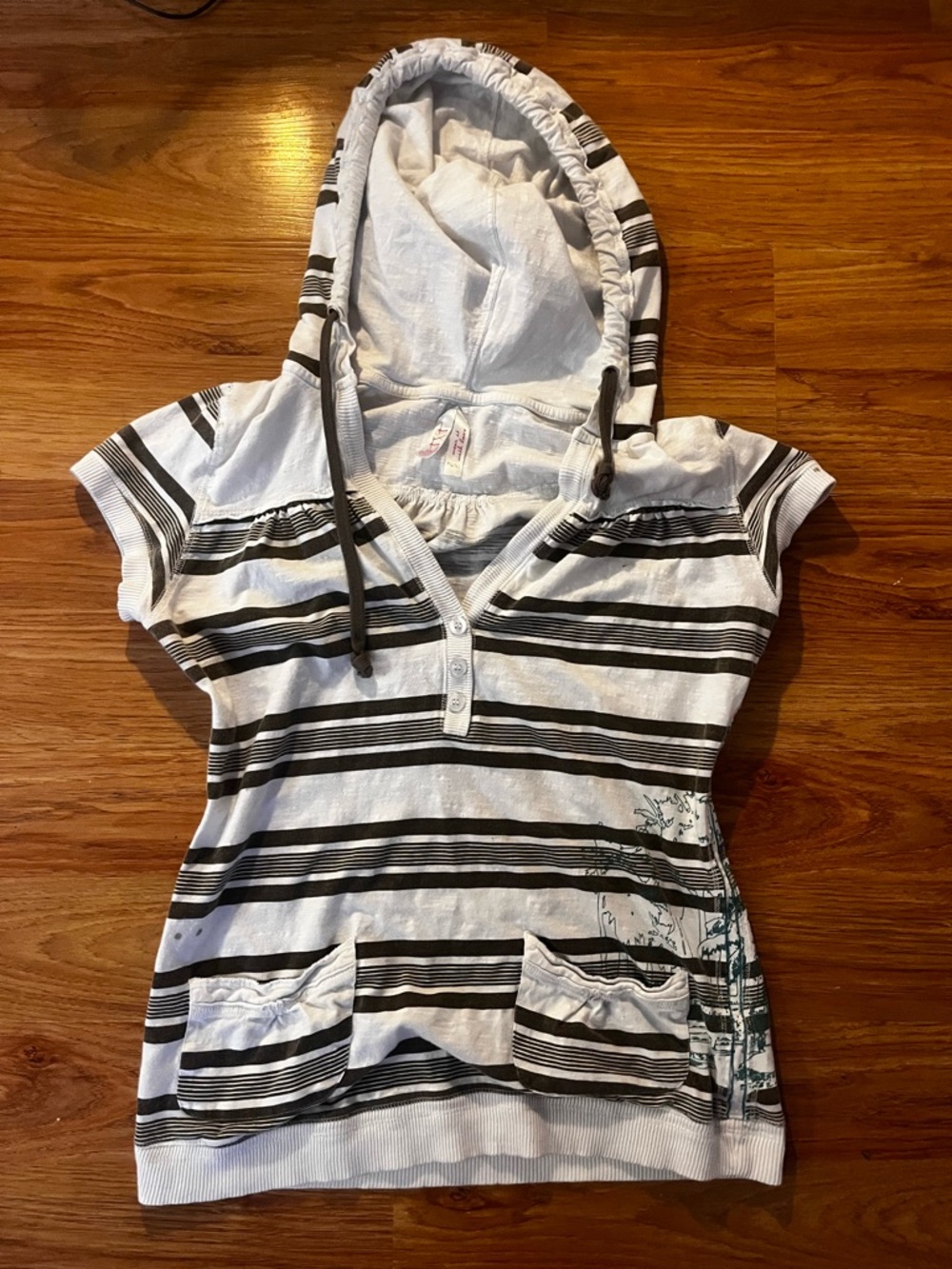 Striped Y2K Short-Sleeve Hooded Top - White & Brown